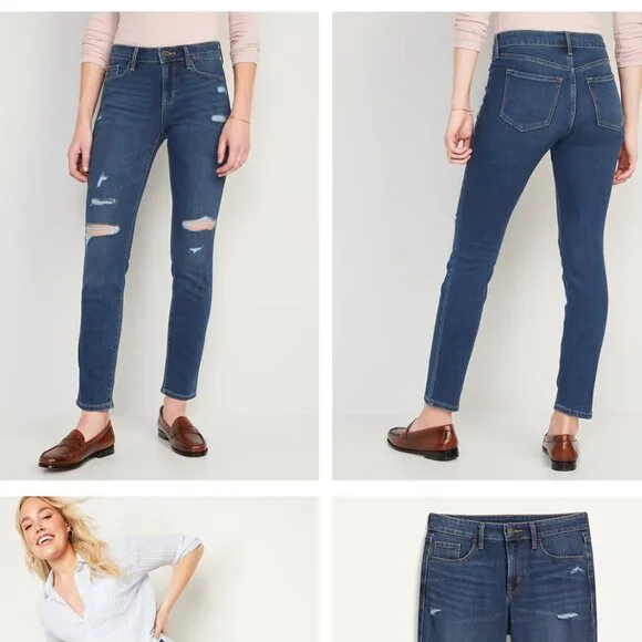 NEW Old Navy Power Slim Straight Zip Fly Mid-Dark Wash Distressed - 8S - Picture 15 of 15